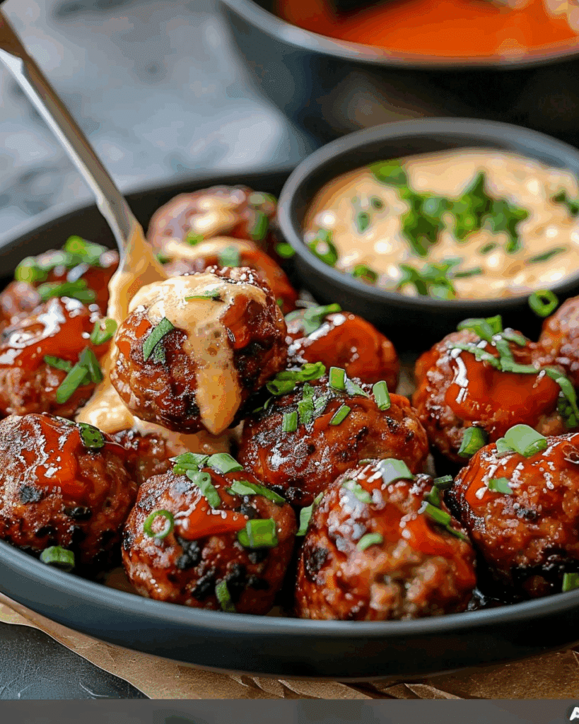 Korean BBQ Meatballs with Spicy Mayo Dip