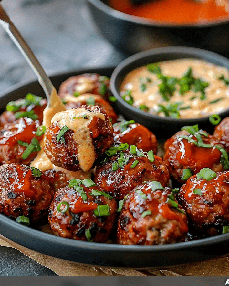 Korean BBQ Meatballs with Spicy Mayo Dip