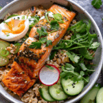 Crunchy Brown Rice Bowls with Salmon and Herbed Tahini Dressing