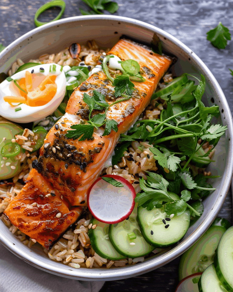 Crunchy Brown Rice Bowls with Salmon and Herbed Tahini Dressing