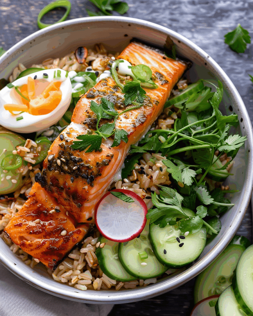 Crunchy Brown Rice Bowls with Salmon and Herbed Tahini Dressing