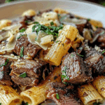 Garlic Butter Steak Tips with Cheesy Rigatoni
