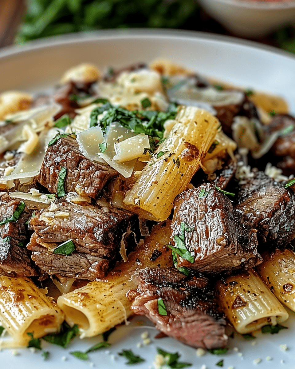 Garlic Butter Steak Tips with Cheesy Rigatoni