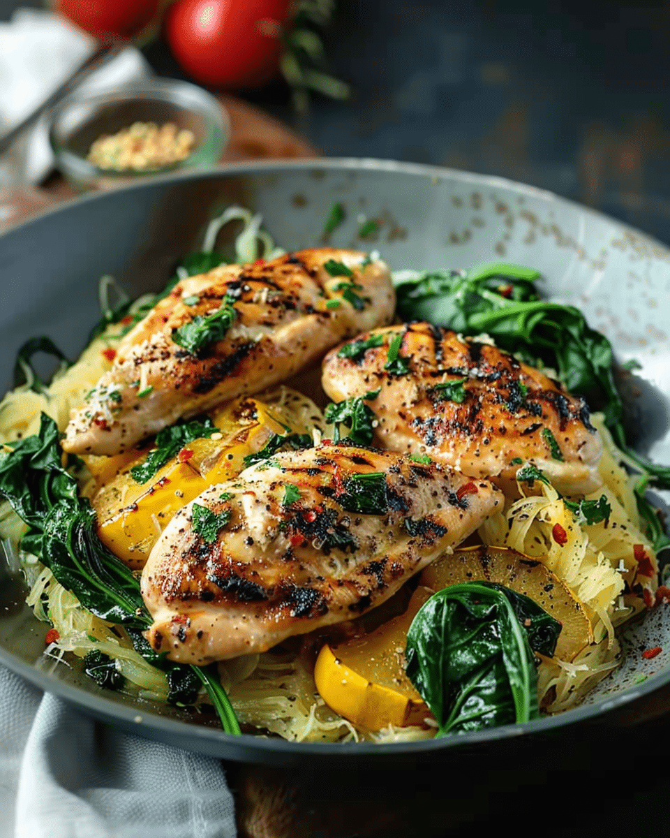Grilled Chicken with Spaghetti Squash & Spinach