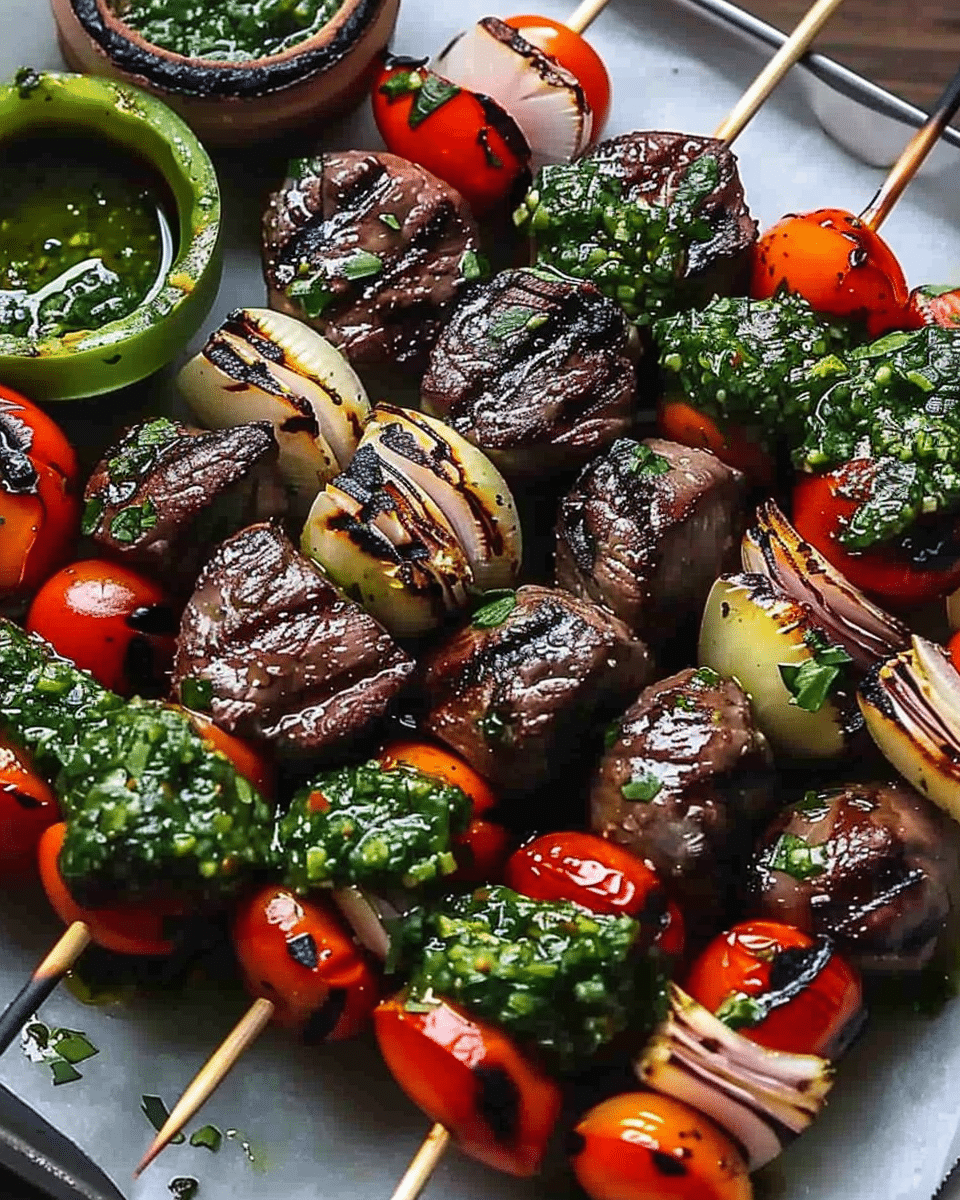 Grilled Steak and Shrimp Skewers with Chimichurri Sauce