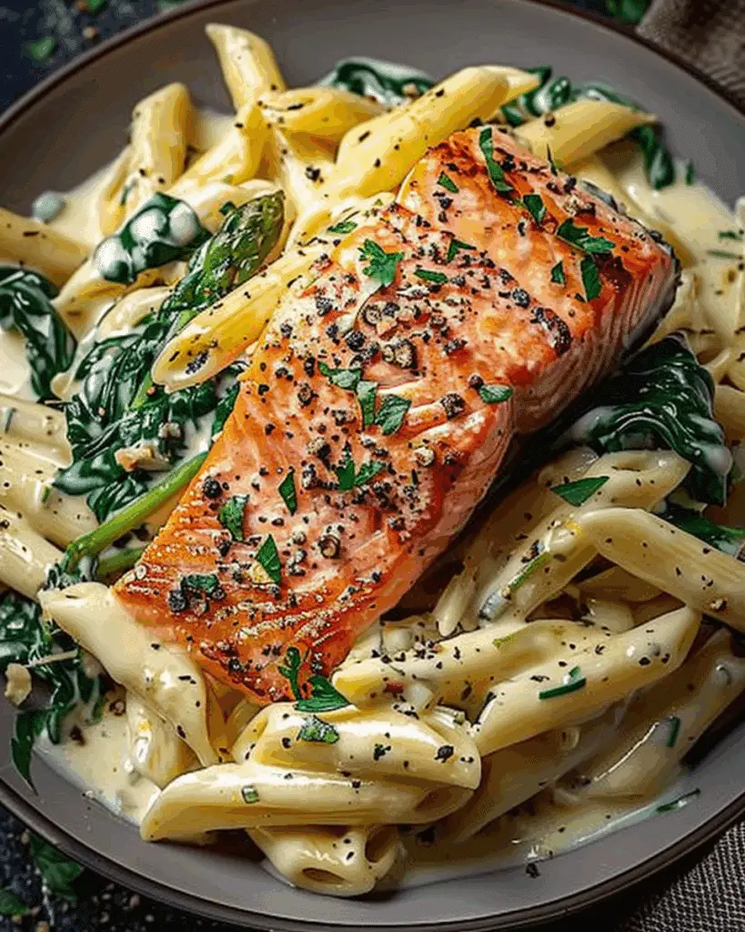 Tuscan Salmon & Creamy Garlic Alfredo Penne