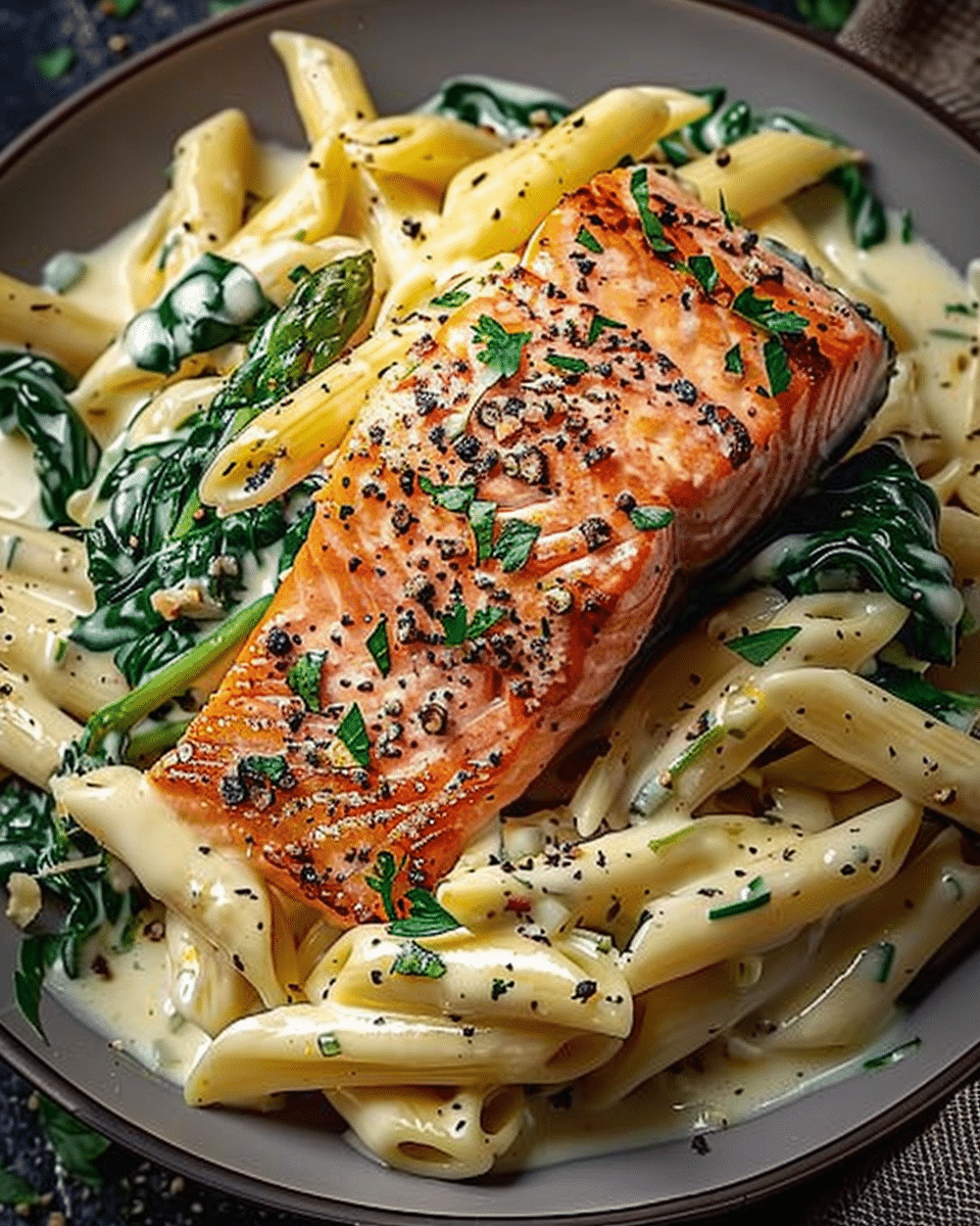 Tuscan Salmon & Creamy Garlic Alfredo Penne