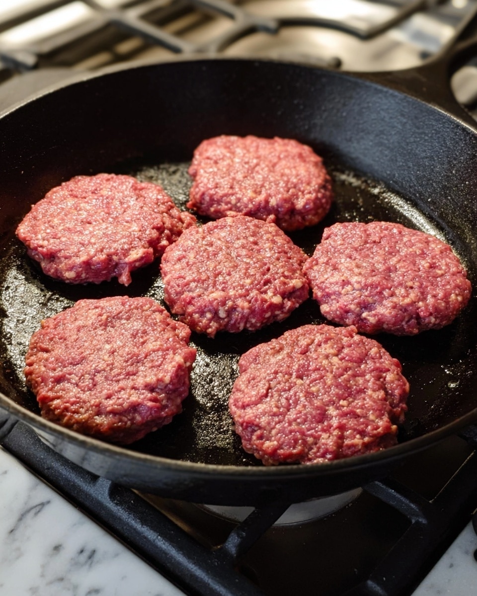The image shows six raw burger patties with a pinkish-red color and a coarse texture sizzling in a black cast iron skillet. The patties are arranged in two rows with three patties each, evenly spaced in the pan. The surface of each patty is uneven and irregular, showing bits of fat mixed in the ground meat. The pan sits on a gas stove with a shiny silver burner and a white marbled surface visible around it. The lighting creates a slight shine on the patties, highlighting their raw, fresh state. photo taken with an iphone --ar 4:5 --v 7