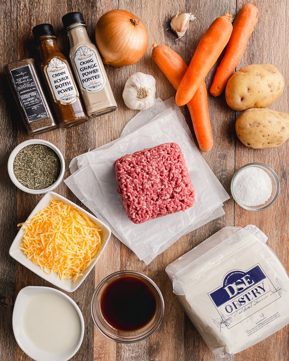 The image shows ingredients neatly placed on a wooden surface with a white marbled texture. In the middle, there is a square piece of raw ground meat resting on two pieces of parchment paper. To the top left, there are three spice bottles labeled onion powder, garlic powder, and minced onion. Next to them is a bottle of Worcestershire sauce. On the top right, two whole carrots and two potatoes are visible, along with a whole garlic bulb and a small bowl filled with dried herbs. At the bottom left, a small white square bowl holds shredded yellow cheese, and next to it is a small white round bowl with a brown liquid. Below the meat, an onion is placed, with a small glass bowl of white flour and another small glass bowl of salt and pepper nearby. To the right, a white pouch of sour cream is shown. The overall composition is clean and clear, emphasizing the colors and textures of each ingredient. photo taken with an iphone --ar 4:5 --v 7