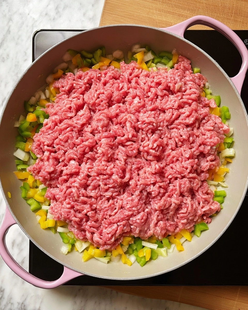 A large round light gray pan with pink handles contains a layer of diced onions and green and yellow bell peppers spread evenly across the bottom and sides. On top, there is a thick layer of raw ground meat with a bright pink color, covering most of the pan's center but leaving the vegetable layer visible around the edges. The pan sits on a black stovetop with a wooden board and a white marbled surface in the background. photo taken with an iphone --ar 4:5 --v 7
