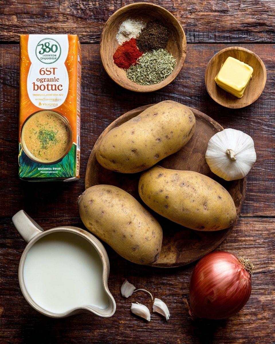 The image shows four light brown potatoes with rough skin placed on a dark wood surface with a grainy texture. Near the potatoes are a small wooden bowl with a yellow chunk of butter, a wooden bowl filled with various dried green and red spices, a whole white garlic bulb, a red onion with a dry top, a white ceramic pitcher filled with cream or milk, and a rectangular carton of organic vegetable broth with a green and orange design on the left side. The setting is neat and ingredients are spaced evenly. photo taken with an iphone --ar 4:5 --v 7