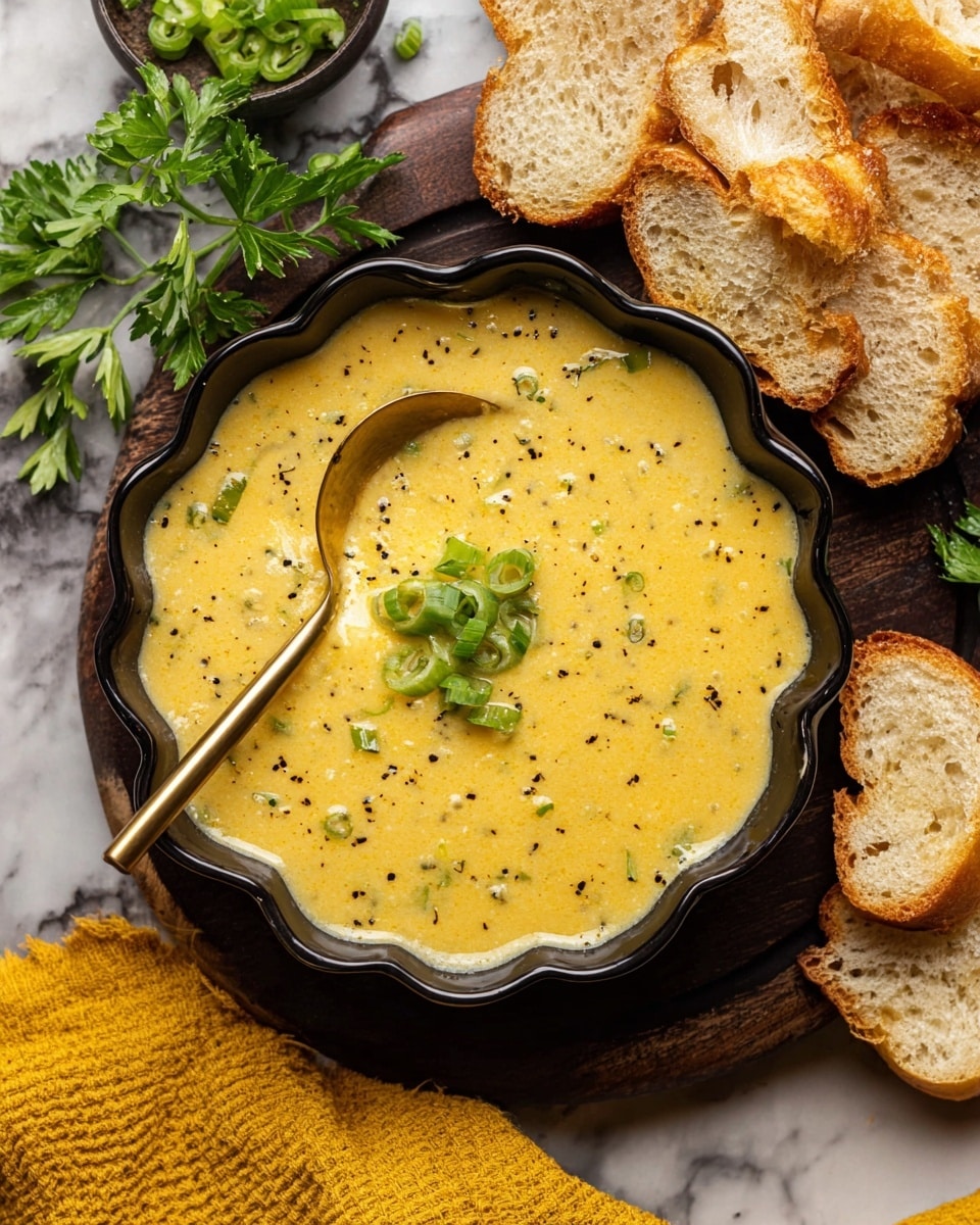 A black bowl with scalloped edges is filled with a thick yellow soup speckled with small black herbs. The soup has a creamy texture with visible small chunks, and it is topped with a few pieces of chopped green onions at the center. A gold spoon is partially dipped in the soup on the left side of the bowl. Around the bowl, there are slices of lightly toasted bread with a crunchy crust on a white marbled surface, along with some fresh green parsley sprigs and a yellow cloth. photo taken with an iphone --ar 4:5 --v 7