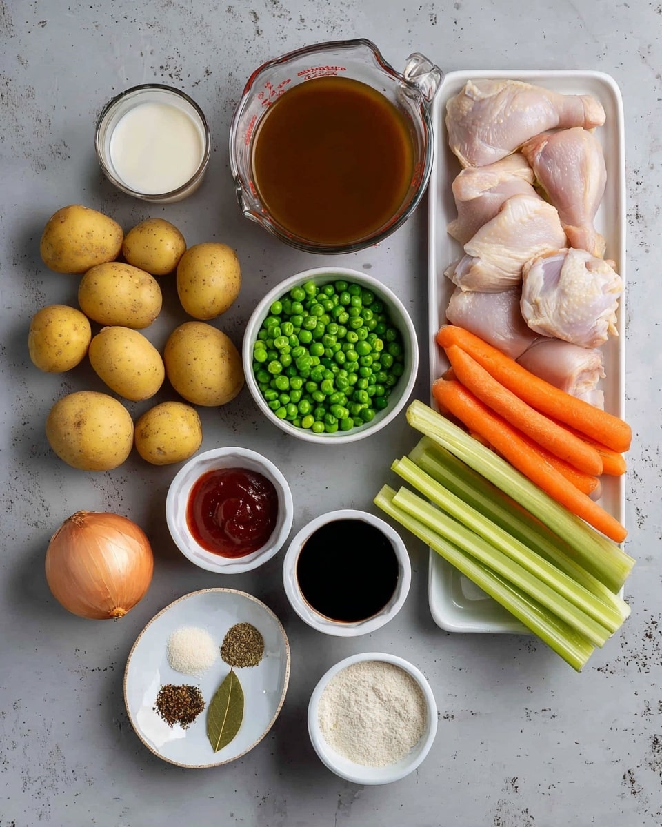 The image shows raw cooking ingredients arranged neatly on a white marbled surface: a glass measuring cup filled with brown broth and a smaller glass measuring cup with white cream are at the top left; next to them are many small yellow potatoes spread out. Below the potatoes, a single brown onion and a small white bowl filled with green peas are placed side by side. To the right of the onion are two small white bowls, one with dark soy sauce and the other with red pepper paste. Next to them, three orange carrots lie next to several green celery stalks. On a white tray at the top right are four raw chicken pieces with light pink color. At the bottom left, a small white bowl contains a white powder (likely flour), and near it, a white plate with four dry spices arranged in sections, including black pepper, rosemary, cumin, and salt. Lastly, two small white bowls hold minced garlic and two bay leaves. Photo taken with an iphone --ar 4:5 --v 7