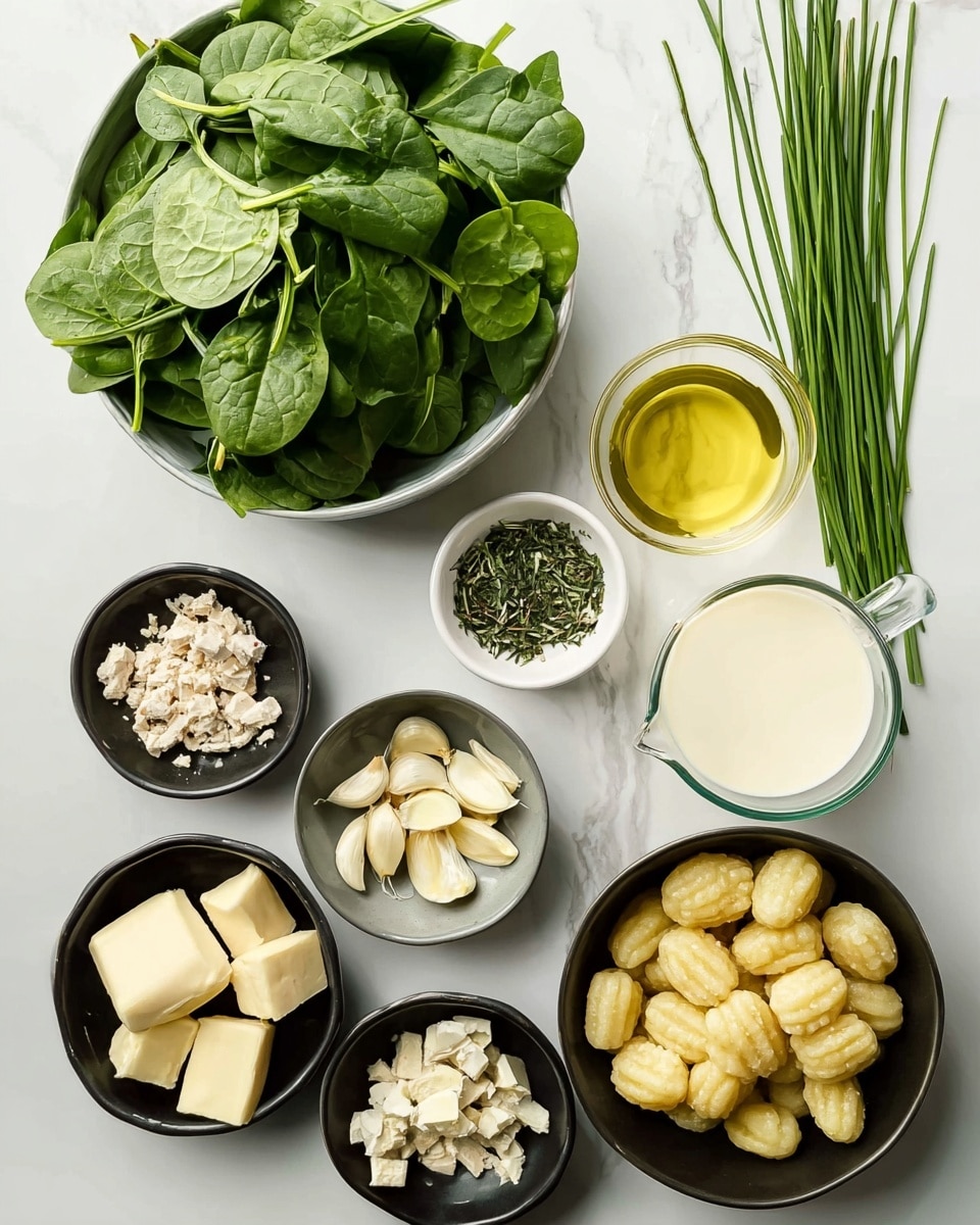 The image shows a top view of multiple small bowls and a white marbled surface with various ingredients neatly arranged; the largest bowl at the top center holds fresh, green spinach leaves with a smooth texture, to its right is a small white bowl with green dried herbs, below that a white cup with clear yellow oil, and a glass measuring cup filled with cream on the far right. Below the spinach, there are four black bowls scattered: one with crumbled white cheese, one with small cubes of pale chicken meat, one with peeled sliced garlic, and one with cube-shaped yellow butter. On the bottom right, a black bowl holds golden yellow gnocchi pieces with bumpy textures. On the left side near the bottom, fresh bright green chives lay in a bundle, and a small white bowl near it contains a pale yellow liquid. All items are on a white marbled background that brightens the fresh and natural colors of the ingredients. photo taken with an iphone --ar 4:5 --v 7