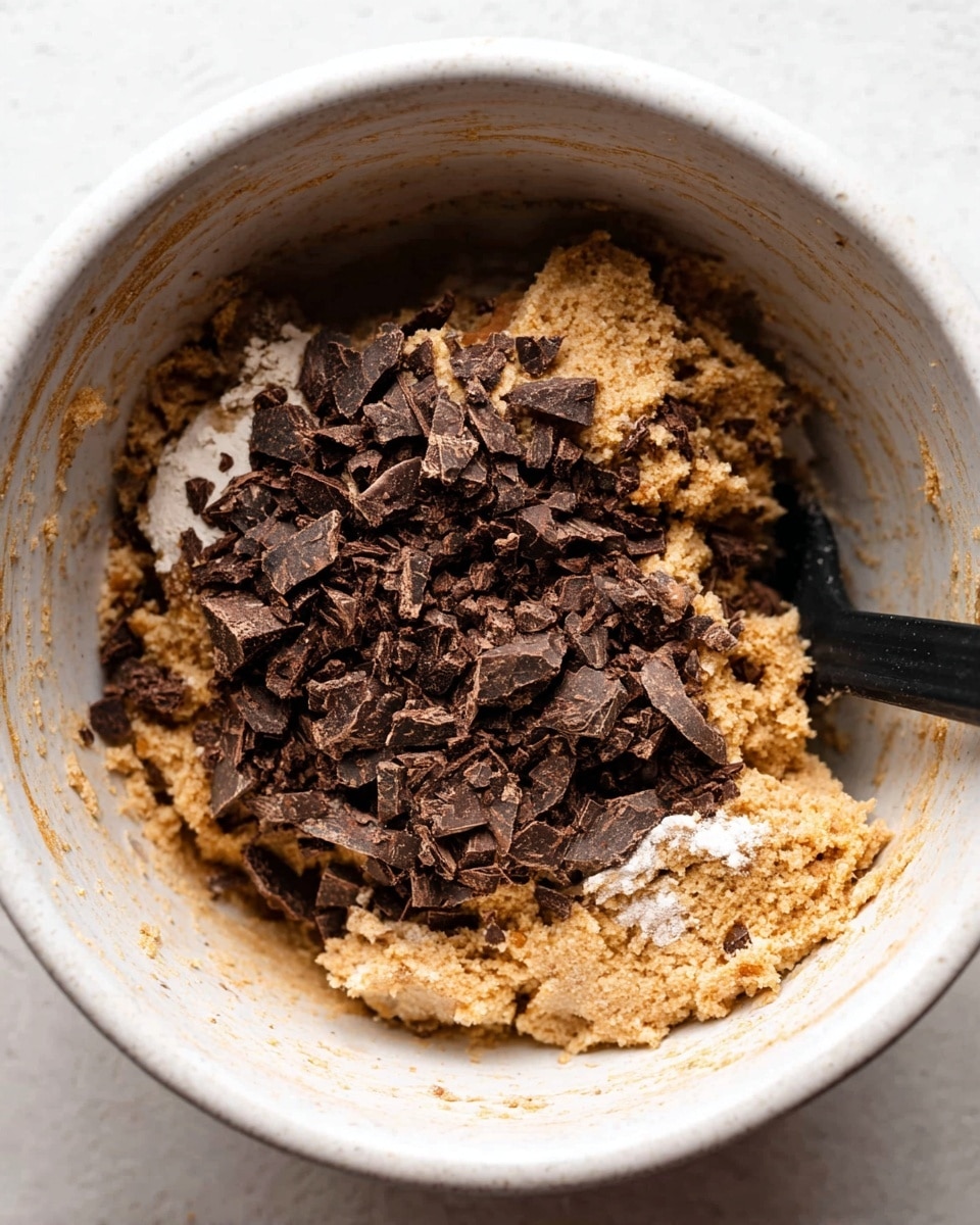 In a white bowl on a white marbled surface, there is a mixture with two main layers: the bottom layer is a crumbly, light brown dough with some white flour patches and a rough texture, and the top layer is made of small, dark brown chopped chocolate pieces. A black spoon is partially visible on the right side, slightly stirring the dough near the edge. photo taken with an iphone --ar 4:5 --v 7