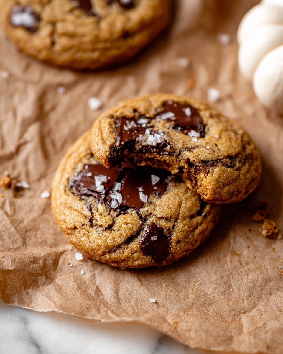 The image shows two soft, golden-brown cookies with visible cracks and melted dark chocolate chunks scattered throughout their tops. One cookie is whole while the other is slightly leaning on it and has a bite missing, revealing a moist, chocolatey interior. The cookies have small salt flakes sprinkled on top, adding texture and shine. They rest on crinkled light brown parchment paper with some crumbs around them, and a blurred white pumpkin can be seen faintly in the background. The setting includes a white marbled surface underneath. photo taken with an iphone --ar 4:5 --v 7