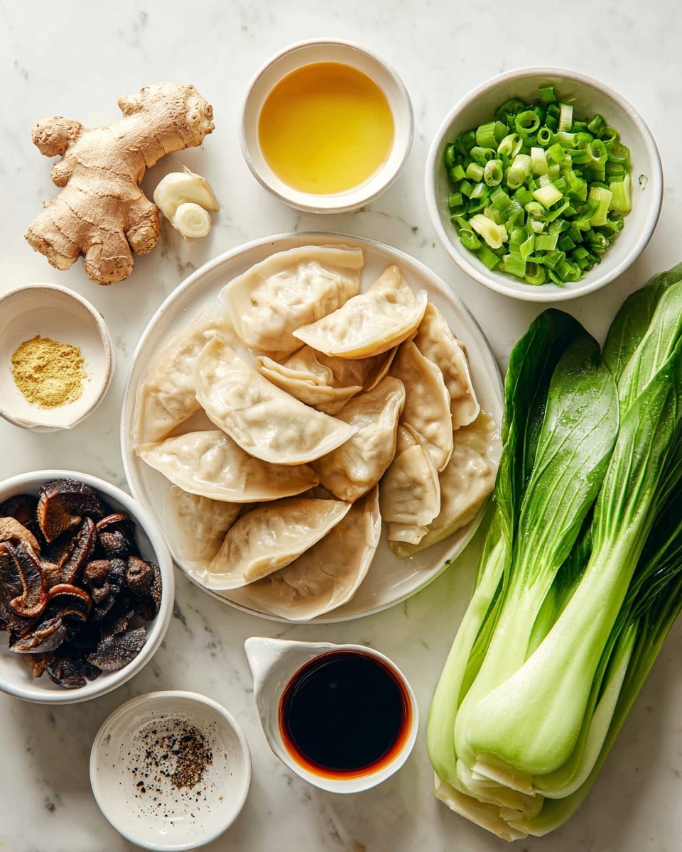 The image shows a white plate with a pile of dumplings that are light beige with slightly translucent skin, arranged in a layered, slightly overlapping manner in the bottom center. To the top right of the dumplings, there is a small white bowl full of bright green chopped spring onions, with a texture that looks fresh and crisp. On the far right, two fresh green bok choy leaves with visible water droplets are placed vertically. At the bottom left, there is a white bowl with dark brown dried shiitake mushrooms that have a wrinkled texture. To the left of the dumplings, there is a round white plate holding fresh ginger root that is light brown with a knobby shape, and garlic cloves that are pale beige. Around this plate, three small white bowls hold different liquids and seasonings: one has black pepper sprinkled on top of a pale yellow liquid, another has thick dark soy sauce, and the third has a light orange-brown sauce. The background surface is a white marbled texture. photo taken with an iphone --ar 4:5 --v 7