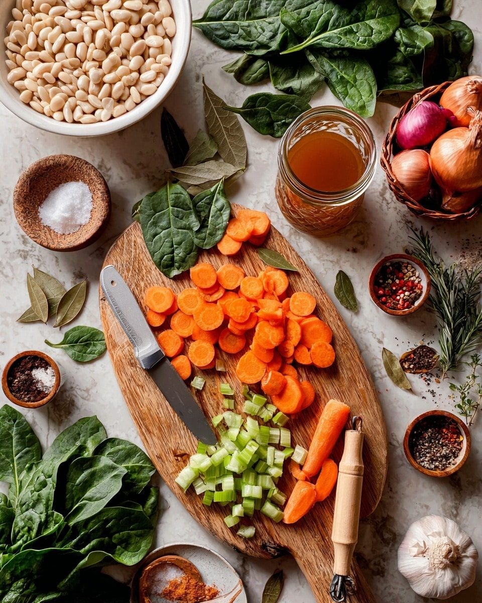 The image shows a wooden cutting board placed on a white marbled surface, filled with bright orange carrot slices in the center, whole carrots to the side, and chopped green celery pieces at the bottom left. A small knife with a light wooden handle rests on the board near the carrot slices. Around the board are fresh dark green spinach leaves scattered about, some still attached to stems. To the top left, there's a white bowl filled with pale white beans. Next to it is a jar with a warm brown liquid. A small round bowl containing coarse salt and another bowl with mixed spices, including dried bay leaves and red pepper flakes, are also present. A basket on the right holds red and yellow onions with garlic cloves scattered nearby. Fresh herb sprigs lie around the edges, all set on a white marbled background. Photo taken with an iphone --ar 4:5 --v 7