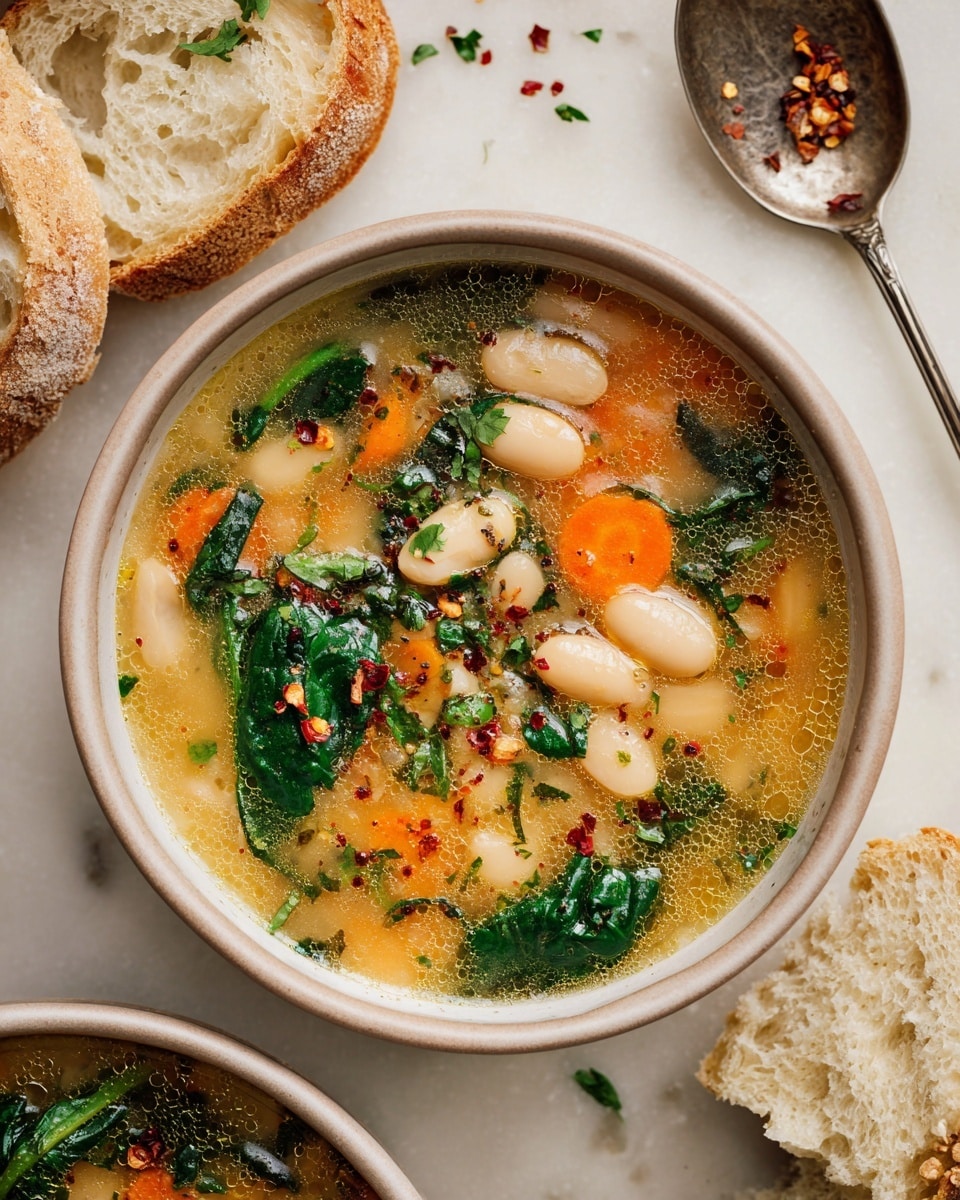 The image shows a warm bowl of soup placed on a white marbled surface. The soup has a golden clear broth base with small orange carrot slices spread throughout. Large white beans float on top along with bright green leafy spinach pieces and chopped fresh herbs sprinkled over the surface. The soup has a light oily sheen with some black pepper and red chili flakes scattered on top. Next to the bowl, there are pieces of light bread with a soft, airy texture. A spoon with a slightly tarnished look rests beside the bowl, and another bowl with the same soup can be partially seen at the bottom. Photo taken with an iphone --ar 4:5 --v 7