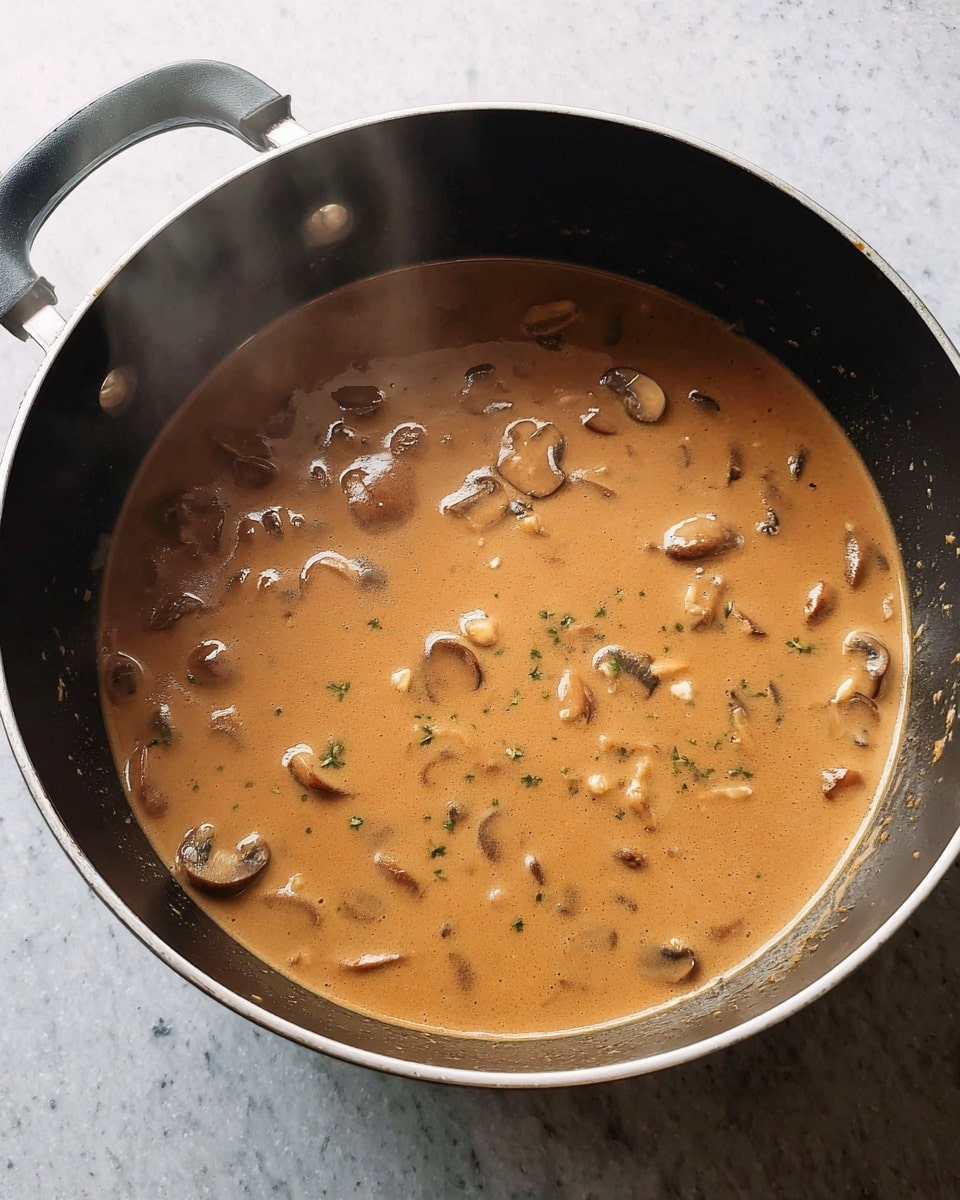 A black cooking pot filled with creamy brown mushroom sauce that has small pieces of mushrooms and herbs visible inside. The sauce has a smooth and thick texture with a shiny surface, and steam is rising gently from it, showing it is hot. The pot sits on a white marbled surface. Photo taken with an iphone --ar 4:5 --v 7