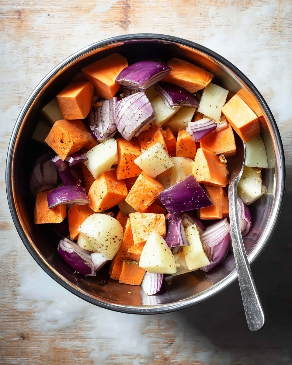 A shiny metal bowl filled with three types of chopped vegetables: orange chunks of sweet potato, white pieces of potato, and deep purple wedges of red onion. The vegetables are mixed together and lightly sprinkled with black pepper. A silver spoon is placed inside the bowl on the right side. The bowl sits on a white marbled surface with soft light coming from the left. photo taken with an iphone --ar 4:5 --v 7