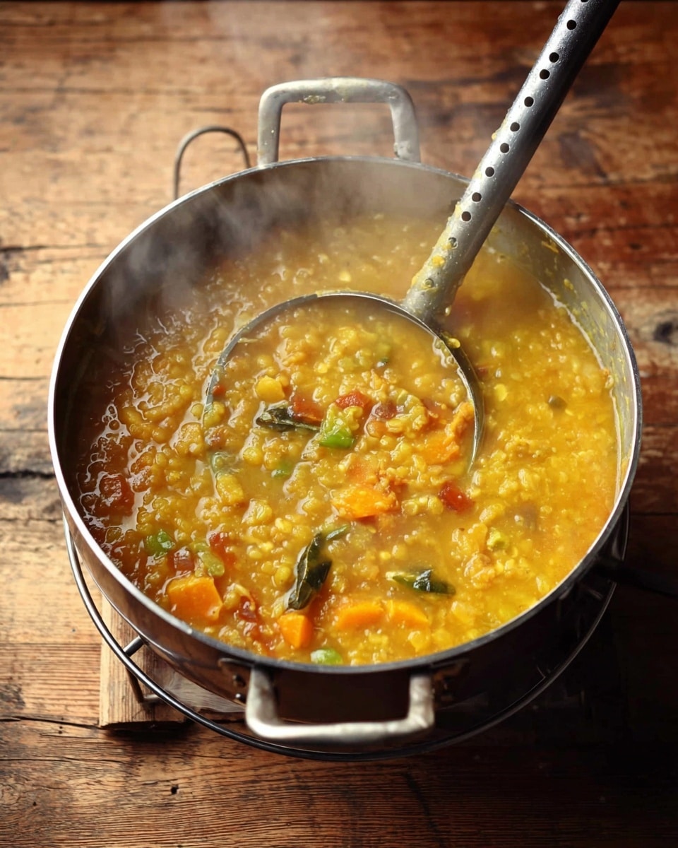 A metal pan sits on a small wire rack over a wooden surface, filled with thick, steaming yellow-orange lentil stew with visible chunks of vegetables like carrots and some small green chili slices; a metal potato masher is partially immersed in the stew, pressing down gently, with steam rising from the warm dish. photo taken with an iphone --ar 4:5 --v 7