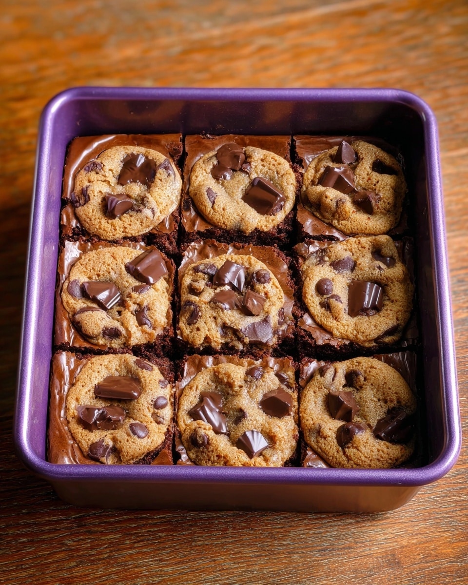 A square purple baking pan holds a layered dessert with a base of smooth, shiny dark brown brownies and a top layer of golden brown chocolate chip cookies, each cookie studded with large dark chocolate chunks and chips. The cookies are spaced across the surface, some slightly melting into the brownie layer, creating a mix of crispy and soft textures. The pan rests on a wooden surface. photo taken with an iphone --ar 4:5 --v 7