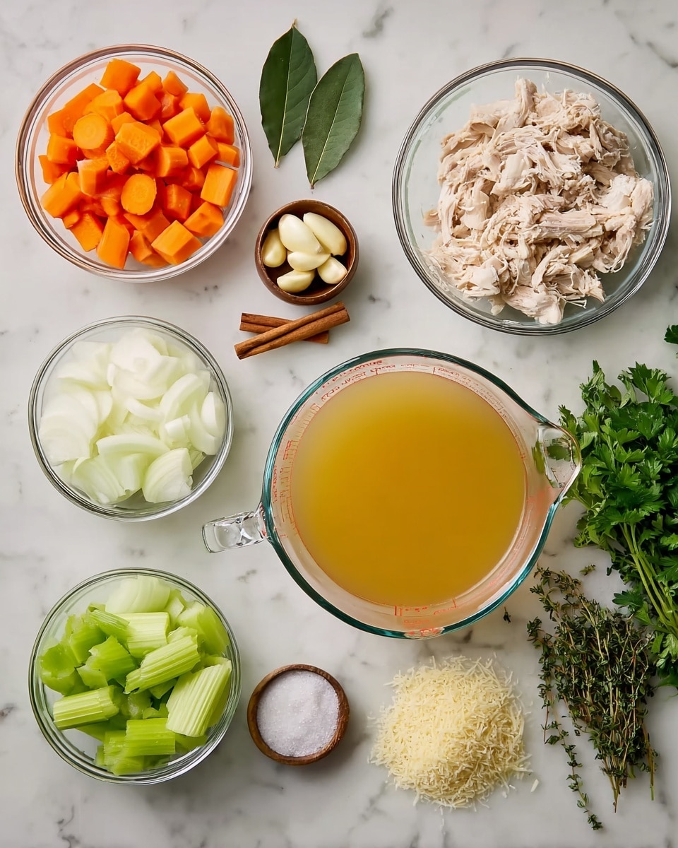 A set of clear glass bowls and a measuring cup are arranged on a white marbled surface, each bowl holding different ingredients: one bowl near the top left contains bright orange carrot pieces in chunks, to the right of it a smaller bowl holds whole garlic cloves, and next to that a bowl filled with shredded light brown cooked chicken. Below these, a medium bowl contains large white onion pieces, and beside it sits a bowl of fresh green celery slices. A smaller glass bowl near the center has a cinnamon stick, while another holds small white granules of salt. A larger measuring cup on the right is filled with light golden broth. Surrounding the bowls are a fresh green bay leaf on the left, sprigs of thyme below the onion bowl, a small heap of grated pale yellow cheese, and a bunch of fresh green parsley on the right side. Photo taken with an iphone --ar 4:5 --v 7