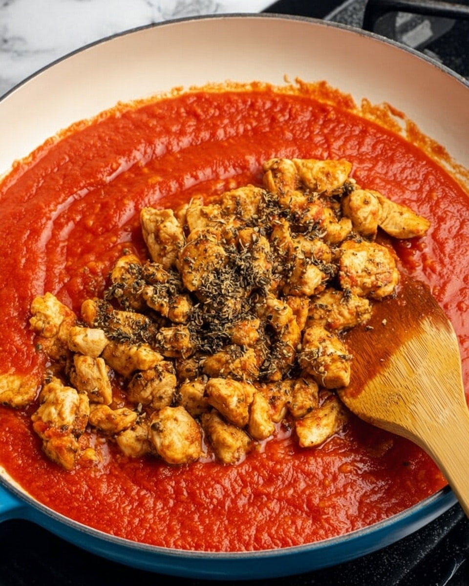 A frying pan with a white interior and blue edge filled with a thick bright red tomato sauce spread evenly on the bottom layer, topped with a pile of small golden-brown cooked chicken pieces mixed with black herbs, located mostly in the center. To the right side, a wooden spatula with a smooth texture rests on the sauce near the chicken. The background shows a white marbled surface with a dark stovetop beneath, photo taken with an iphone --ar 4:5 --v 7