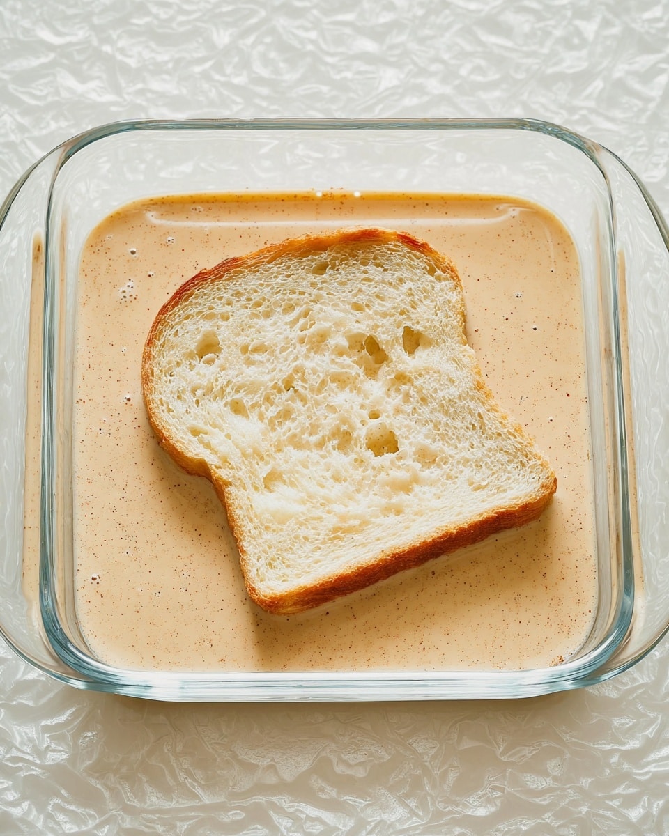 A clear square glass dish holds one slice of white bread resting flat in a pool of light brown, creamy liquid that looks like a mix of eggs and cinnamon. The bread is soft with many small holes and a slightly golden crust around the edges, mostly submerged in the smooth, slightly frothy liquid. The background surface is a white marbled texture, creating a clean and bright setting. photo taken with an iphone --ar 4:5 --v 7