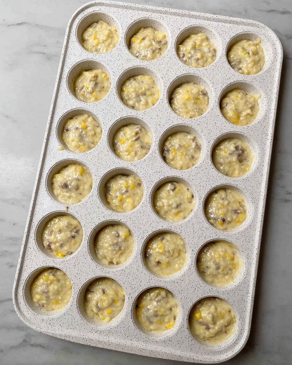 A white speckled muffin tray with 24 round cavities is filled with thick batter. The batter is pale yellow with darker brown and small yellow chunks mixed inside, filling each cavity almost to the top but not overflowing. The tray is placed on a white marbled surface, and some batter slightly spills over the edges of a few cavities, giving a messy, homemade look. The scene is well-lit and simple, focusing on the texture and consistency of the batter in the tray photo taken with an iphone --ar 4:5 --v 7