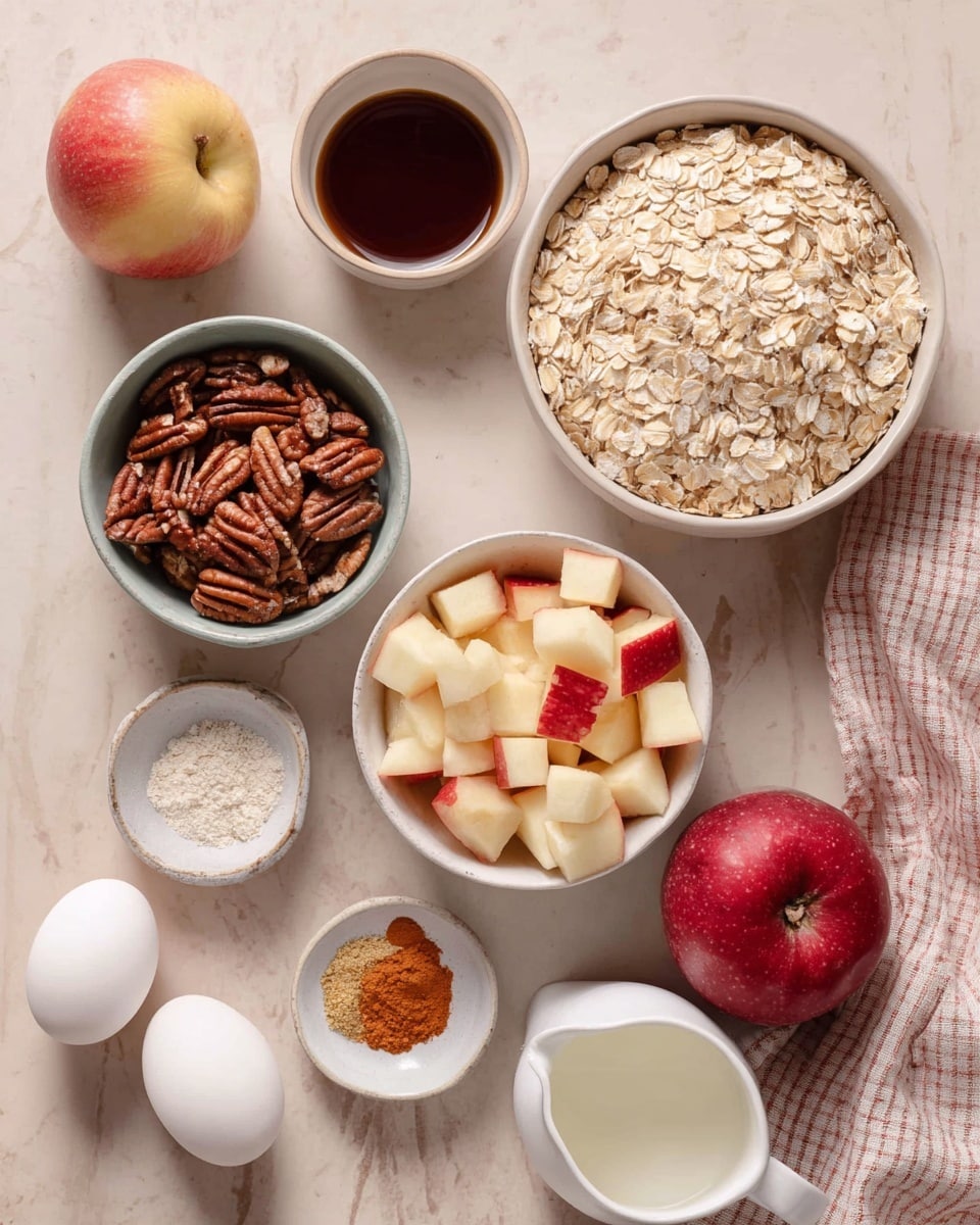The image shows a top view of various ingredients laid out neatly on a white marbled surface: a large white bowl filled with light beige rolled oats sits in the upper right, next to a small, pale bowl of dark brown liquid at the top center. Below the oats, a white bowl holds small, diced red and cream-colored apple pieces, while to its left, a white bowl is filled with brown pecan halves. Surrounding these are two white eggs on the bottom left, a small white plate with brown and orange powders, a small white bowl of white powder (likely baking soda or salt), a deep red whole apple and a halved apple showing its light flesh at the bottom right, and a small white jug filled with white milk near the center right. A folded, checkered cloth in pink and cream colors lies partially under the eggs and bowls. The overall arrangement is clean and well-organized, with soft, natural lighting. photo taken with an iphone --ar 4:5 --v 7