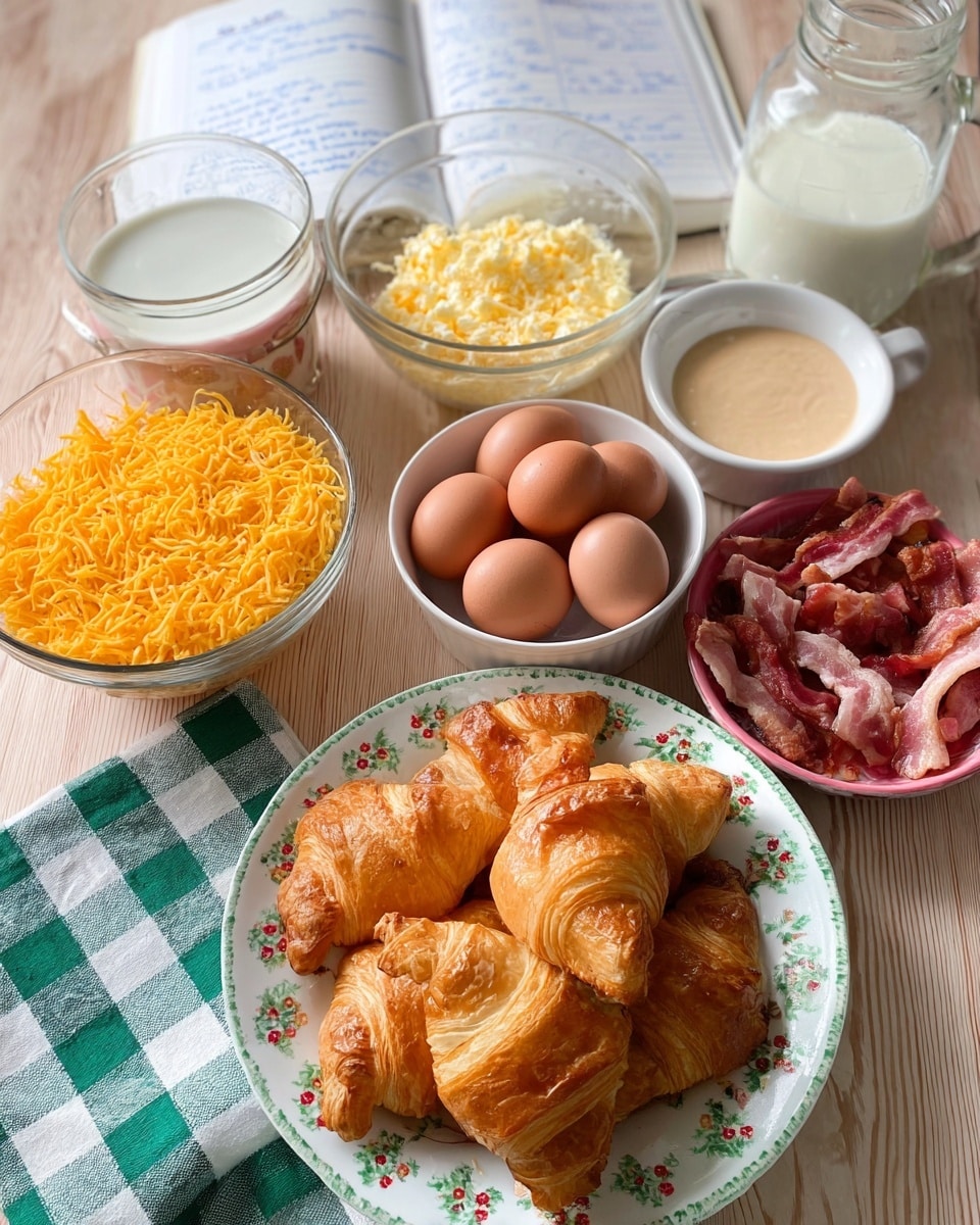 The image shows a wooden table with a green and white checkered cloth featuring red cherries. In front is a white bowl with a green pattern filled with golden croissants layered build-up, showing a flaky texture. To the left, there is a white bowl filled with bright yellow shredded cheese and another clear glass bowl with pale yellow shredded cheese. A white plate holds various brown and light blue eggs arranged neatly. Behind are two small white bowls, one with a light brown creamy sauce, the other with a pale creamy liquid. Next to them is a clear glass mug filled with frothy milk. A coral bowl contains savory cooked bacon pieces with a pink and brown crispy look. An open recipe book with handwritten notes lies at the back on the white marbled surface. photo taken with an iphone --ar 4:5 --v 7