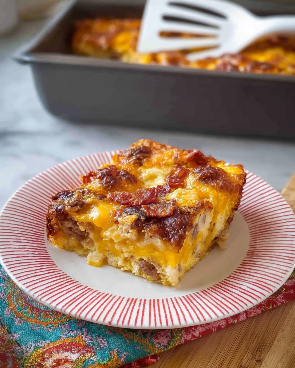 A thick slice of baked casserole sits on a white plate with red stripes. The casserole has three visible layers: a golden-brown crispy top with melted cheese and browned bits, a middle layer of soft, yellow-orange texture with chunks of meat, and a dense, pale bottom layer. In the background, a dark baking dish holds the rest of the casserole, with a white slotted spatula resting inside. Under the plate, there is a colorful cloth on a light wooden surface, and the whole scene is set on a white marbled texture. photo taken with an iphone --ar 4:5 --v 7