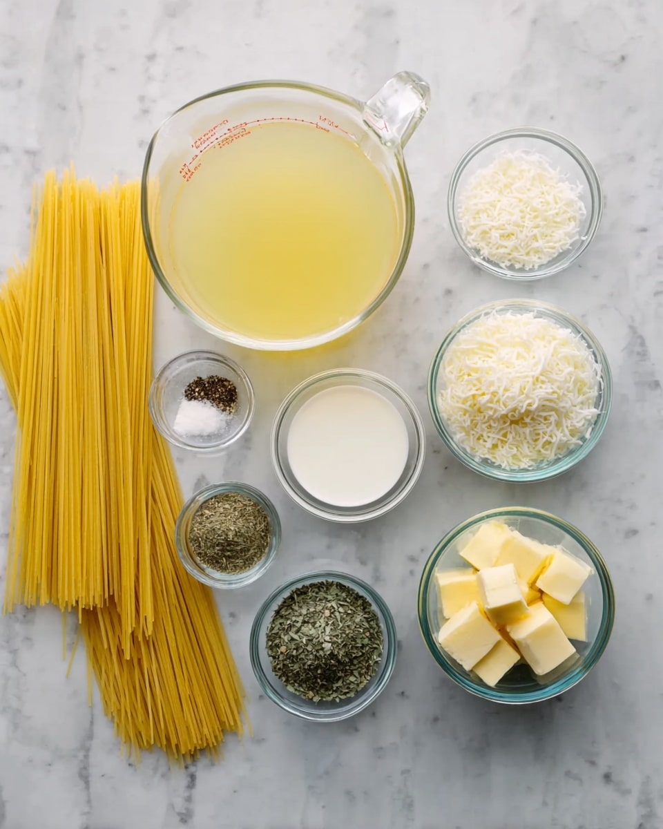 A white marbled surface with several clear glass containers arranged neatly: one large measuring cup filled with light yellow broth placed near the center, beside it a smaller measuring cup holding white cream, a small bowl of grated white cheese, and another small bowl containing yellow butter cubes. There are also small bowls with black pepper, white salt, dried green herbs, and minced light yellow garlic. On the left side, a bundle of uncooked yellow spaghetti lies flat. The photo taken with an iphone --ar 4:5 --v 7