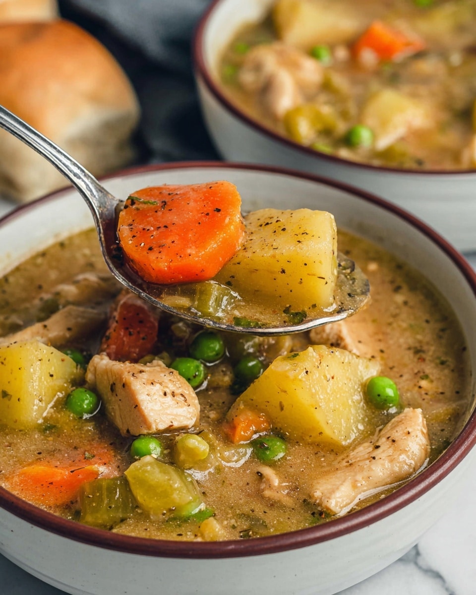 The image shows a close-up of a bowl filled with thick chicken stew. The stew has several layers of chunky ingredients: orange carrot slices and green peas spread evenly, pale yellow potato pieces, light green celery chunks, and white chicken pieces all mixed in a light brown thick broth with visible specks of black pepper. A metal spoon is lifting a bite-sized serving of the stew, showing a carrot slice, a celery piece, and a chunk of chicken on it. The bowl is white with a very thin brown rim, set on a white marbled surface with another bowl of the same stew and bread rolls in the background. Photo taken with an iphone --ar 4:5 --v 7