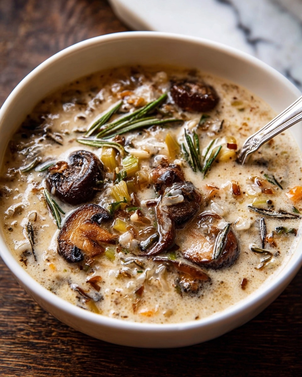 A white bowl filled with creamy mushroom soup showing at least three layers: the base creamy broth with small bits of vegetables and rice, a middle layer with whole and sliced brown mushrooms that are soft and darkened from cooking, and a top layer of scattered rosemary sprigs giving a green contrast. The soup has a rich texture with small bubbles on the surface. A silver spoon rests on the right side inside the bowl. The bowl is placed on a dark wooden table with a white marbled texture background visible near the top edge. photo taken with an iphone --ar 4:5 --v 7