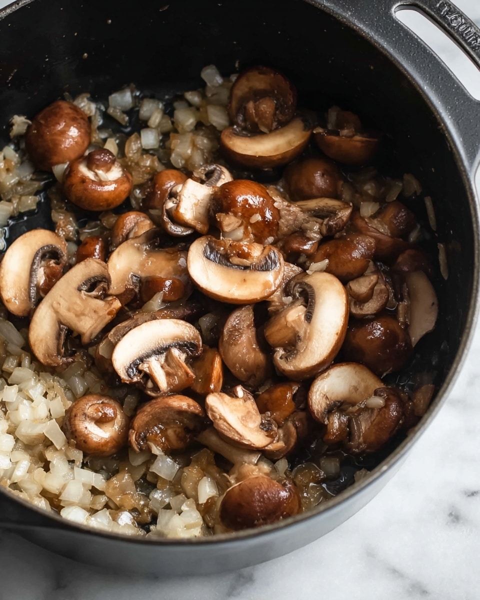 A close-up view inside a black cooking pot filled with two main layers: the bottom layer consists of small, soft, light brown chopped onions, and the top layer contains whole and halved mushrooms with a rich brown color and white undersides. The mushrooms and onions look cooked with a shiny, slightly wet texture. The pot sits on a white marbled surface. photo taken with an iphone --ar 4:5 --v 7