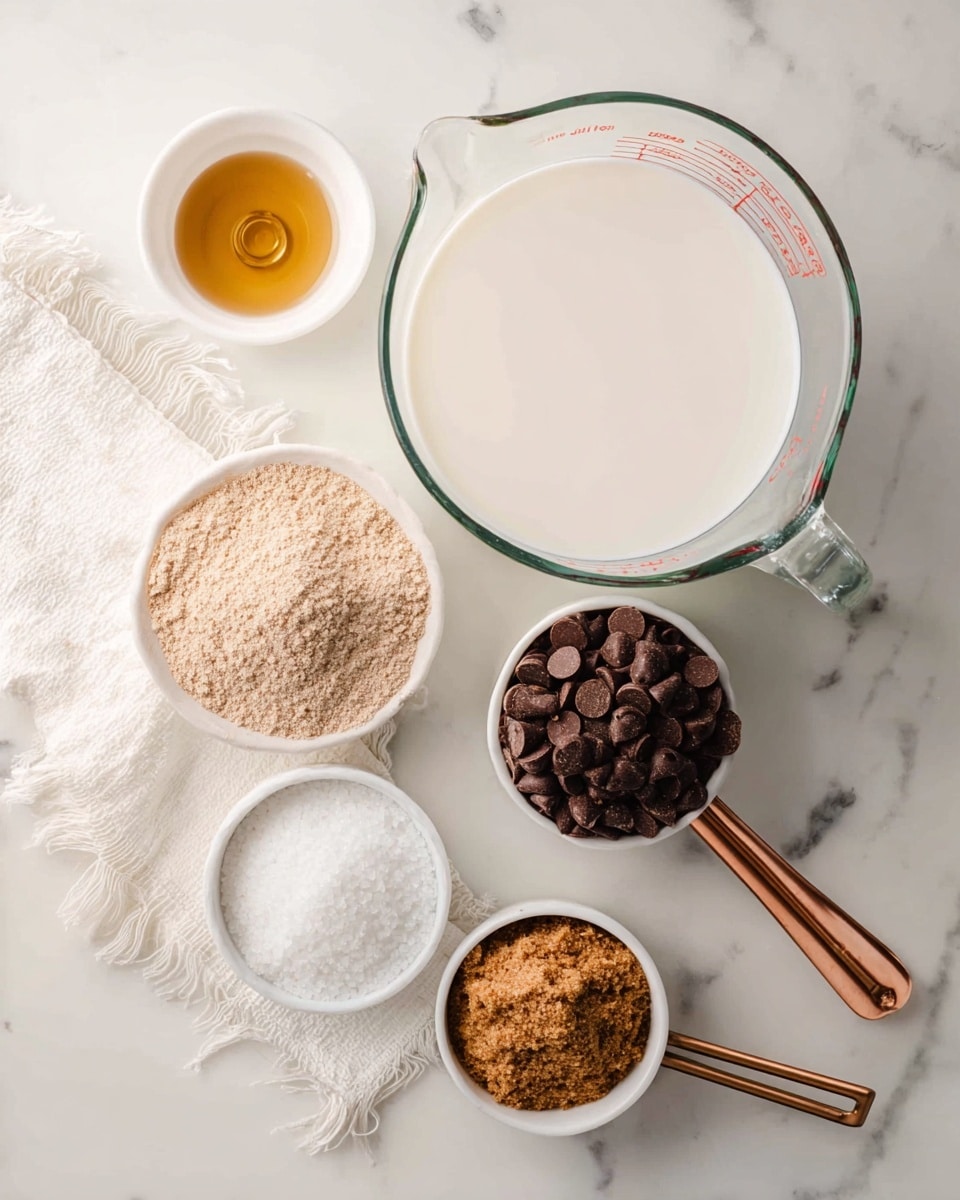 A white marbled surface holds six containers arranged neatly: on the right is a large clear glass measuring cup filled almost to the top with white milk; to the left, a small white bowl contains light brown powder; above it, another small white bowl has a small amount of golden liquid; below, a white bowl holds coarse white salt; next to the salt is a white measuring cup with a copper handle filled with dark brown chocolate chips; and beside it, another white measuring cup with a copper handle contains light brown sugar. A white cloth with frayed edges lies partially visible next to the milk. photo taken with an iphone --ar 4:5 --v 7