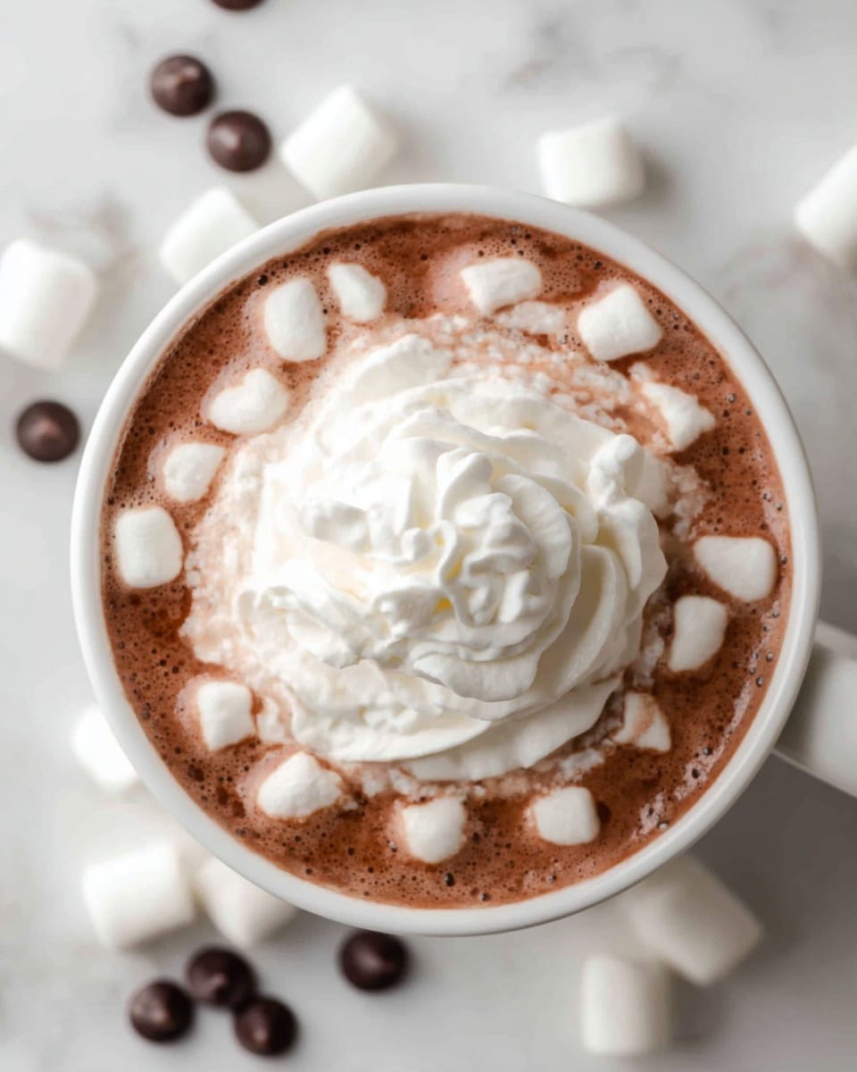 A top view of a white cup filled with rich brown hot chocolate, topped with a layer of small white marshmallows scattered unevenly across the surface. In the center, a large swirl of soft white whipped cream rises above the marshmallows, creating a fluffy texture contrast. Around the cup on a white marbled surface, a few marshmallows and dark chocolate chips are loosely placed. The image is bright with a soft focus on the cup, emphasizing the different textures of the hot chocolate and toppings photo taken with an iphone --ar 4:5 --v 7