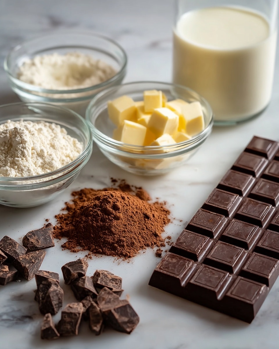The image shows a close-up of baking ingredients arranged on a white marbled surface. On the right, a dark chocolate bar with neat rectangular segments lies flat. In front of it, there are two small piles of brown powders, one darker and coarser and the other lighter and fine, surrounded by a few irregular chocolate chunks. Behind these, there are three clear glass bowls placed in a diagonal line from front left to back right. The closest bowl contains white flour, the middle bowl holds small pale yellow butter pieces, and the furthest bowl contains cocoa powder. In the far back right, there is a glass filled with creamy white liquid. The setting is soft and bright, with natural light highlighting the textures. Photo taken with an iphone --ar 4:5 --v 7