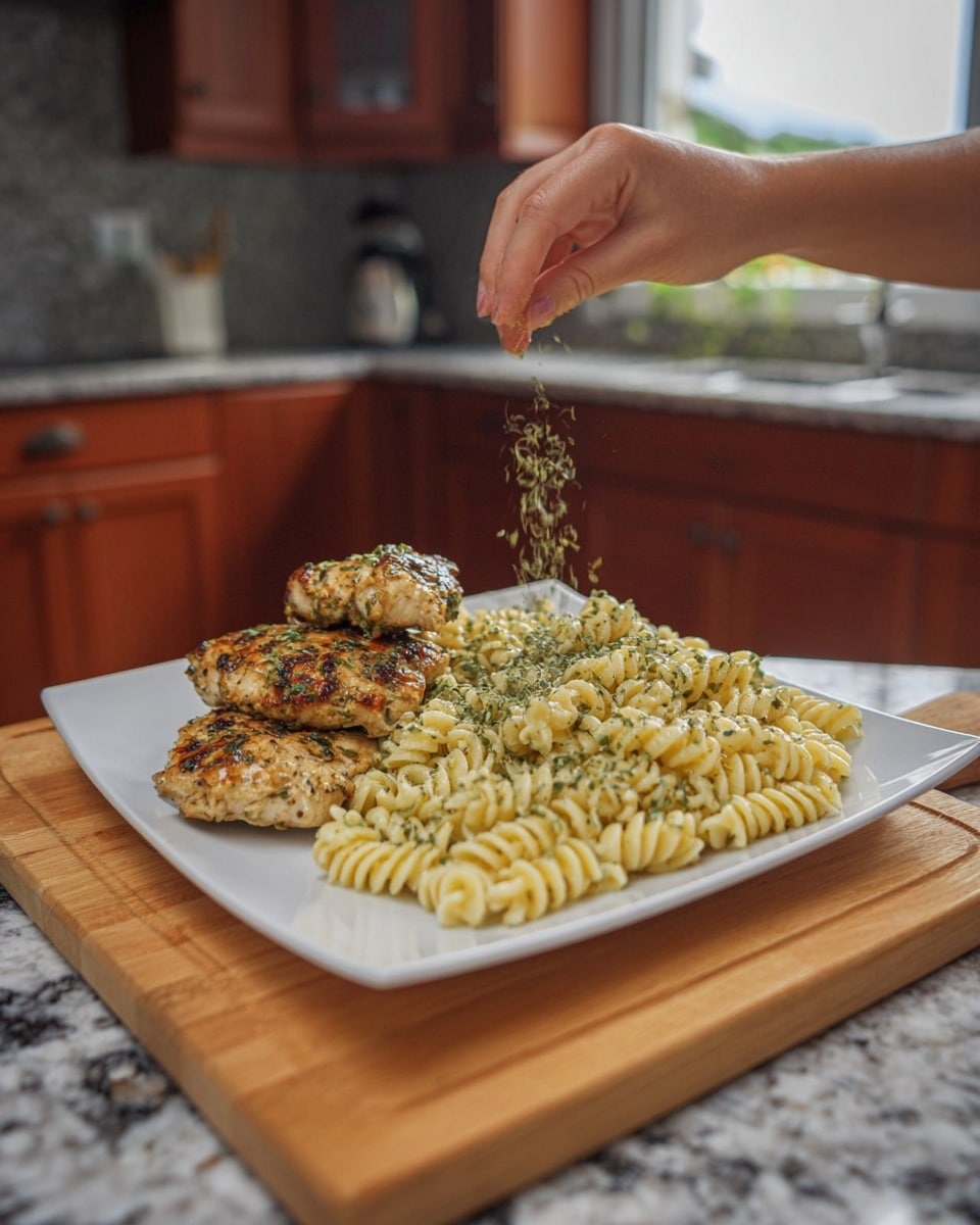 A white square plate sits on a wooden cutting board with a white marbled surface underneath, holding a meal of two main parts: on the left, there are three pieces of golden-brown grilled chicken with some herbs and small red bits, stacked in a line; on the right, there is a large portion of rotini pasta coated with a creamy, herb-speckled sauce that looks soft and smooth, filling the rest of the plate. Above the plate, a woman's hand sprinkles small green herbs over the dish, with some herbs visibly falling towards the food. The background shows a kitchen with brown wooden cabinets and a window letting in natural light. Photo taken with an iphone --ar 4:5 --v 7