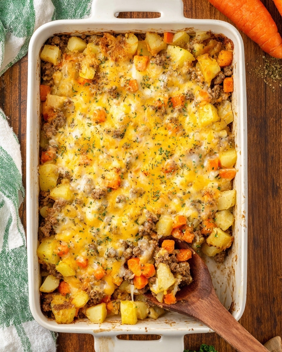 A white rectangular baking dish filled with a casserole showing a mix of diced yellow potatoes, orange carrots, and browned ground meat all covered in melted yellow cheese. The top layer looks soft and slightly browned with some dried green herbs sprinkled over it. A wooden spoon is scooping a portion from the bottom center, showing the thick and chunky texture of the ingredients. The dish is placed on a wooden surface with part of a green and white striped towel on the left side and a carrot on the right. Photo taken with an iphone --ar 4:5 --v 7