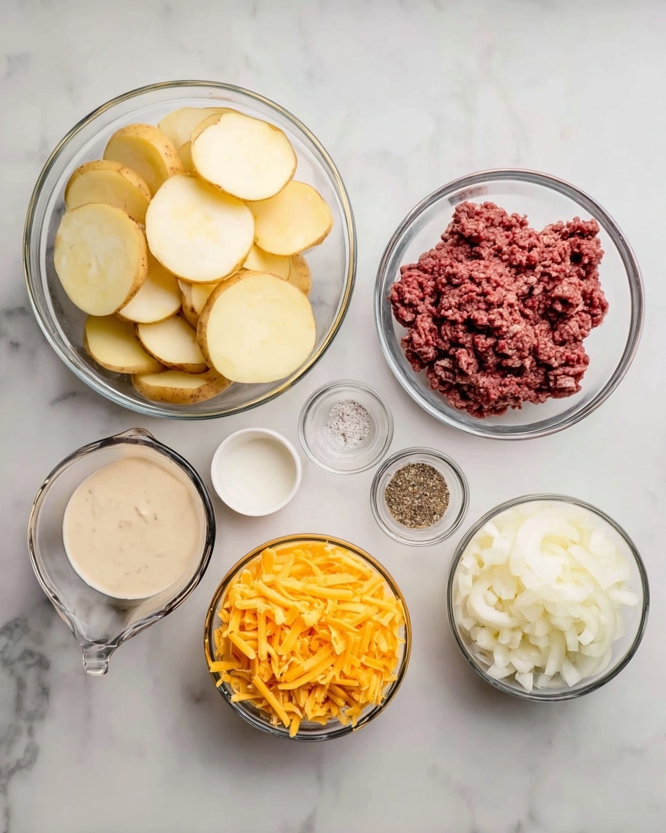 The image shows several clear glass bowls arranged on a white marbled surface. One large bowl on the left contains thin, round slices of peeled potatoes, pale yellow in color and stacked loosely. Above it, a medium bowl holds raw ground beef, dark red with slight marbling and some seasoning sprinkled on top. Below the beef, a medium bowl contains shredded cheddar cheese, vibrant orange and fluffy. On the right side, there are three smaller bowls: one with chopped white onions, one with creamy beige mushroom sauce, and one small cup filled with white milk. Two very small glass bowls contain salt and cracked black pepper, positioned near the top center. Photo taken with an iphone --ar 4:5 --v 7