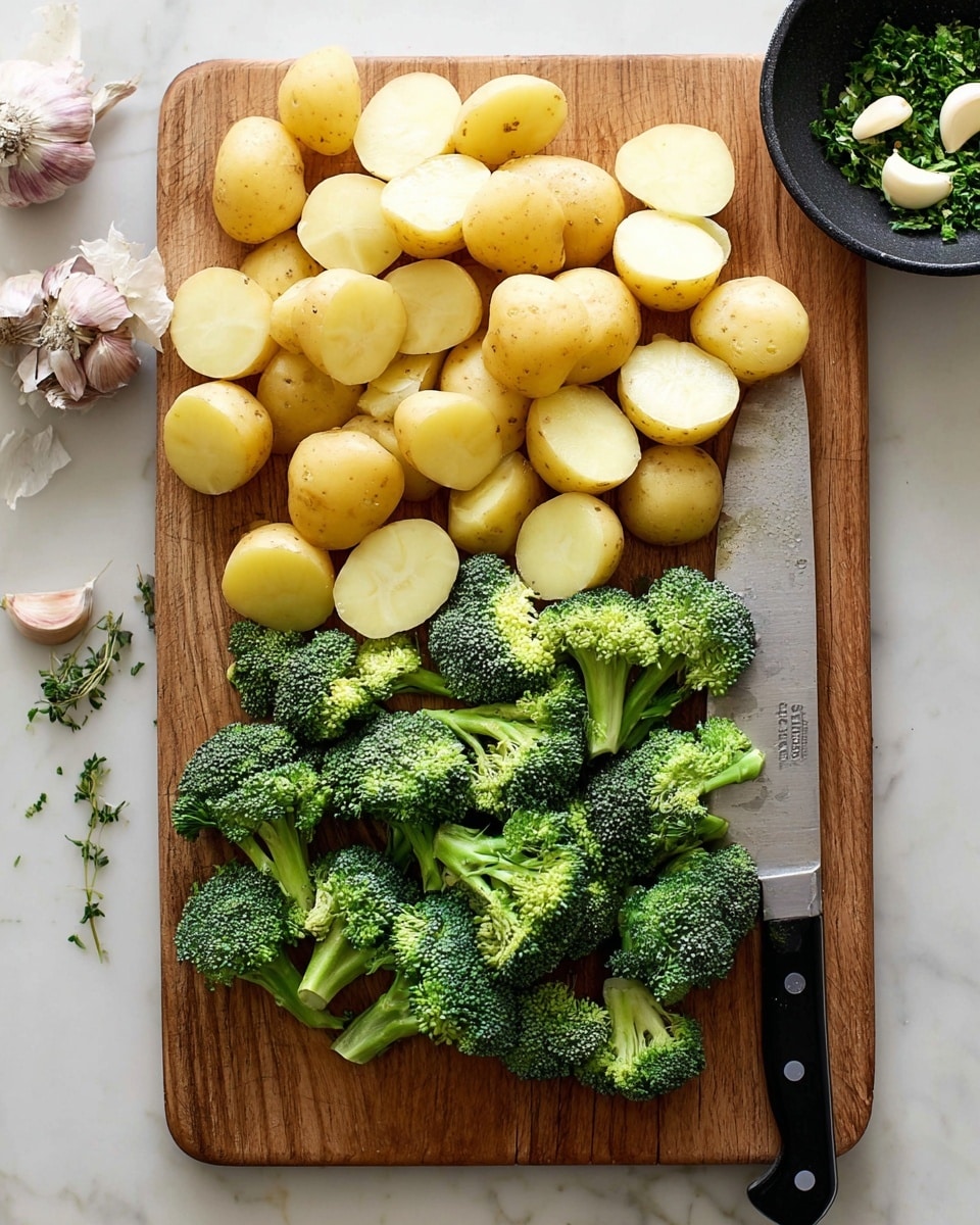 A wooden cutting board holds two layers of prepared vegetables: at the top half, there are many small, light yellow potatoes cut in half with smooth texture and thin skin; at the bottom half, fresh green broccoli florets with tight buds and visible stems. A large sharp knife with a black handle rests on the right side of the board, partially covering some broccoli pieces. Around the board, there is a black bowl with several garlic cloves, a few broccoli florets, and some green herbs on a white marbled surface photo taken with an iphone --ar 4:5 --v 7