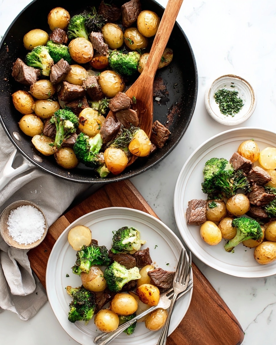 The image shows a black skillet filled with cooked food including golden brown baby potatoes, green broccoli florets, and dark brown pieces of steak mixed together, with a wooden spoon resting in the skillet. Two white plates beside the skillet each have a serving of the same food, arranged with broccoli, potatoes, and steak pieces visible; one plate is placed partly on a brown wooden board. Each plate also has a silver fork. The scene is set on a white marbled surface with a small clear bowl of white salt near the skillet and a sprinkle of green herbs beside the plates. Photo taken with an iphone --ar 4:5 --v 7