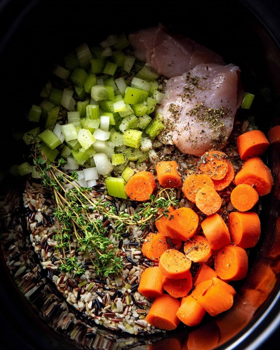 Inside a dark pot, there are several layers of ingredients starting with a base of mixed grains including wild rice and other seeds with different colors and textures. On top of the grains are chopped celery pieces, light green and crisp, scattered around. Next, a layer of thick, round carrot slices, bright orange in color, covers most of the celery. To one side, there is a raw piece of pale pink chicken surrounded by fresh green herbs and small white chopped onions. The ingredients are sprinkled with black pepper and other spices, all resting inside the pot against a dark interior. photo taken with an iphone --ar 4:5 --v 7
