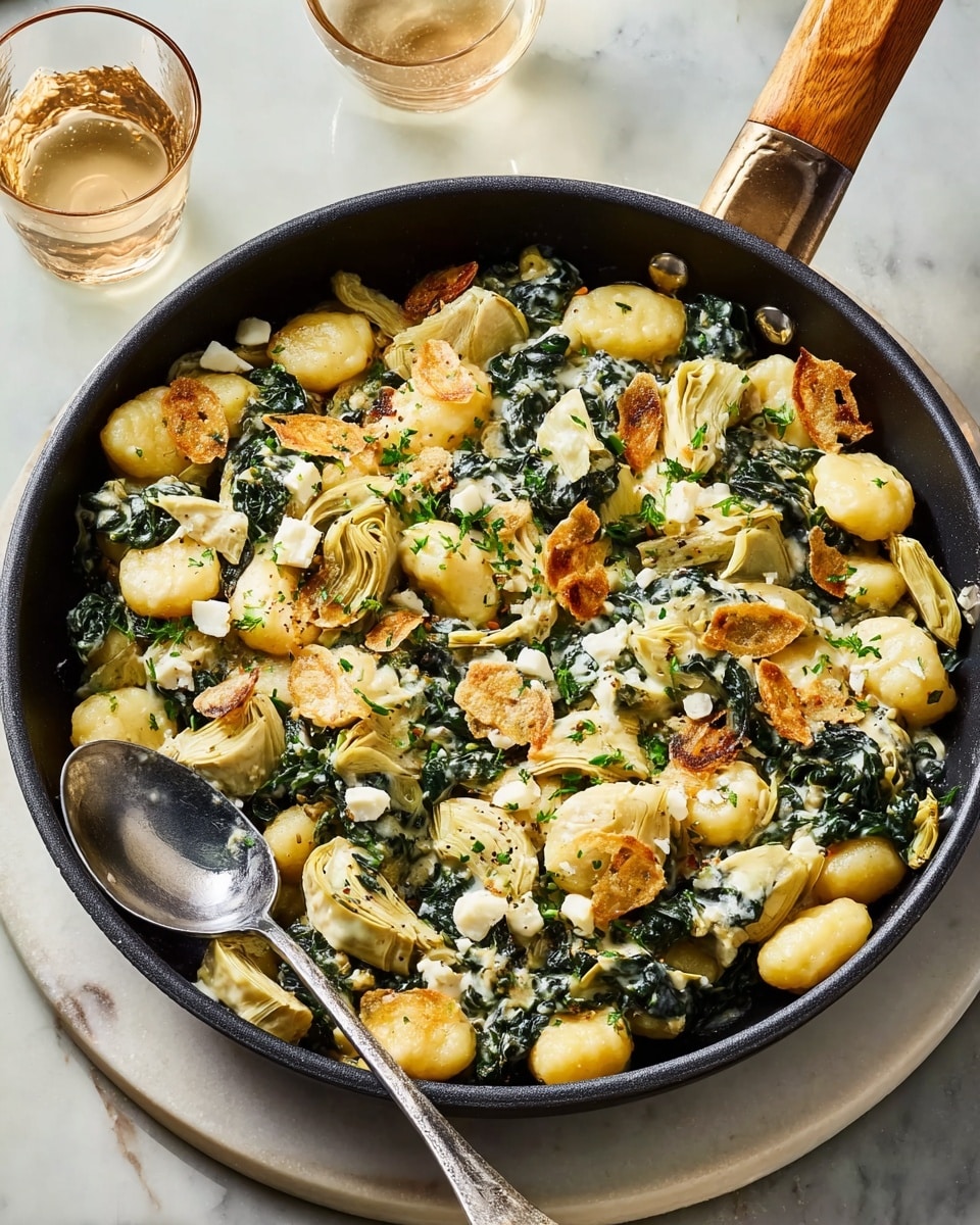 A black pan with a wooden handle holds a dish made of small golden gnocchi pieces mixed with dark green spinach and cream-colored artichoke hearts. The gnocchi are scattered across the pan in one layer, with thin light brown slices of toasted garlic chips spread on top. Small white chunks of cheese and finely chopped green herbs are sprinkled evenly throughout the dish. A silver spoon rests inside the pan on the left side. The pan sits on a round white marble board, with a glass of light-colored liquid nearby. photo taken with an iphone --ar 4:5 --v 7