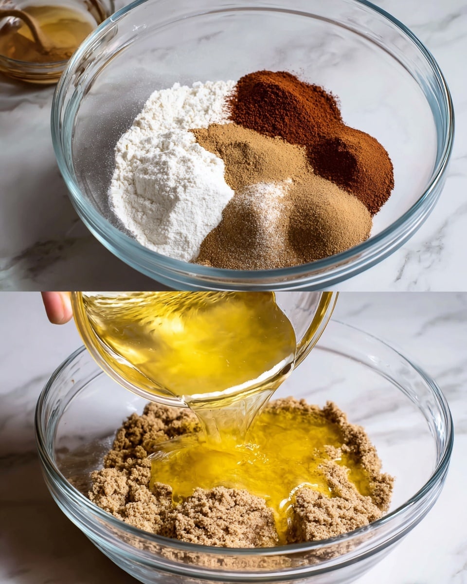 The first image shows a clear glass bowl on a white marbled surface filled with separate piles of white flour, brown sugar, light brown sugar, cinnamon powder, and another brown spice, each layer clearly distinct and textured. The second image shows a woman's hand pouring a shiny, melted yellow butter mixture from a smaller clear glass bowl into a larger clear glass bowl containing a mix of the dry ingredients, all set on the same white marbled surface. The mixture layers include a dry, crumbly light brown base with the glossy melted butter on top. photo taken with an iphone --ar 4:5 --v 7