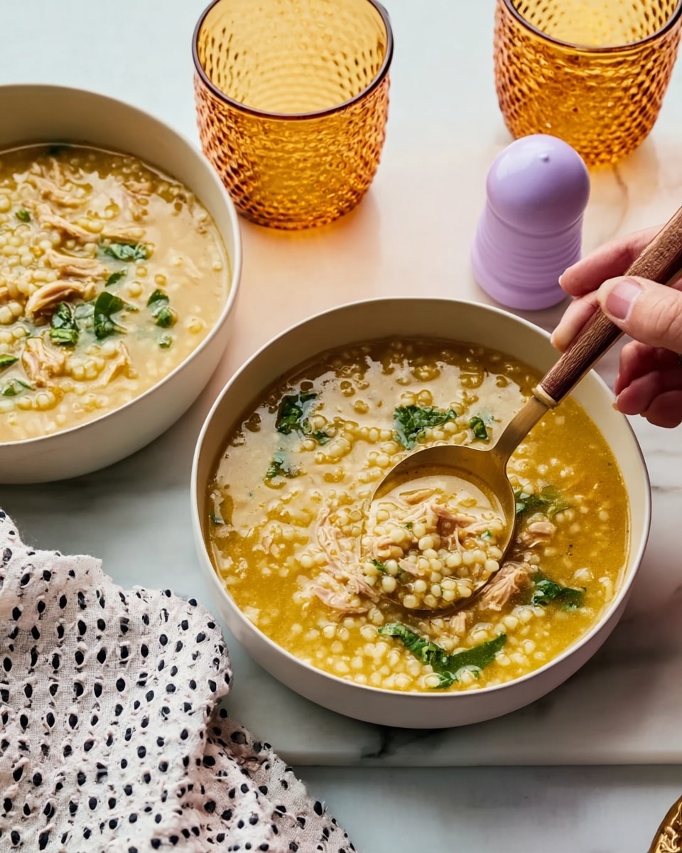 Two white bowls filled with yellowish soup containing small grain-like pasta and shredded light brown meat. The soup has a smooth broth with visible pieces of light green leafy herbs floating on top. One bowl shows a woman's hand holding a spoon with a wooden handle, scooping the grain pasta from the soup. The bowls sit on a white marbled surface, accompanied by two amber-colored textured glasses, a lavender shaker, and a white cloth with black dots. The photo taken with an iphone --ar 4:5 --v 7